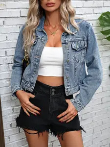 Women's Vintage Short Denim Jacket, Single Button Long Sleeve Denim Top, Casual Daily Wear, Stylish Short Denim Outerwear