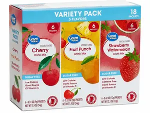 Great Value Sugar-Free Drink Mix Variety Pack – Cherry, Fruit Punch & Strawberry Watermelon Flavors, 18 Total Packets (3 Flavor Variety Pack), Low Calorie, Good Source of Vitamin C