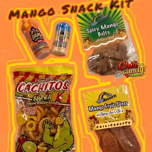 Mango Snack Kit with Chachitos Wheat Chips, Lucas Mango Powder, Lucas Mango Lollipop Powder, Spicy Mango Belts Candy, Mango Fruit Slices with Spicy Sour Chili Candy