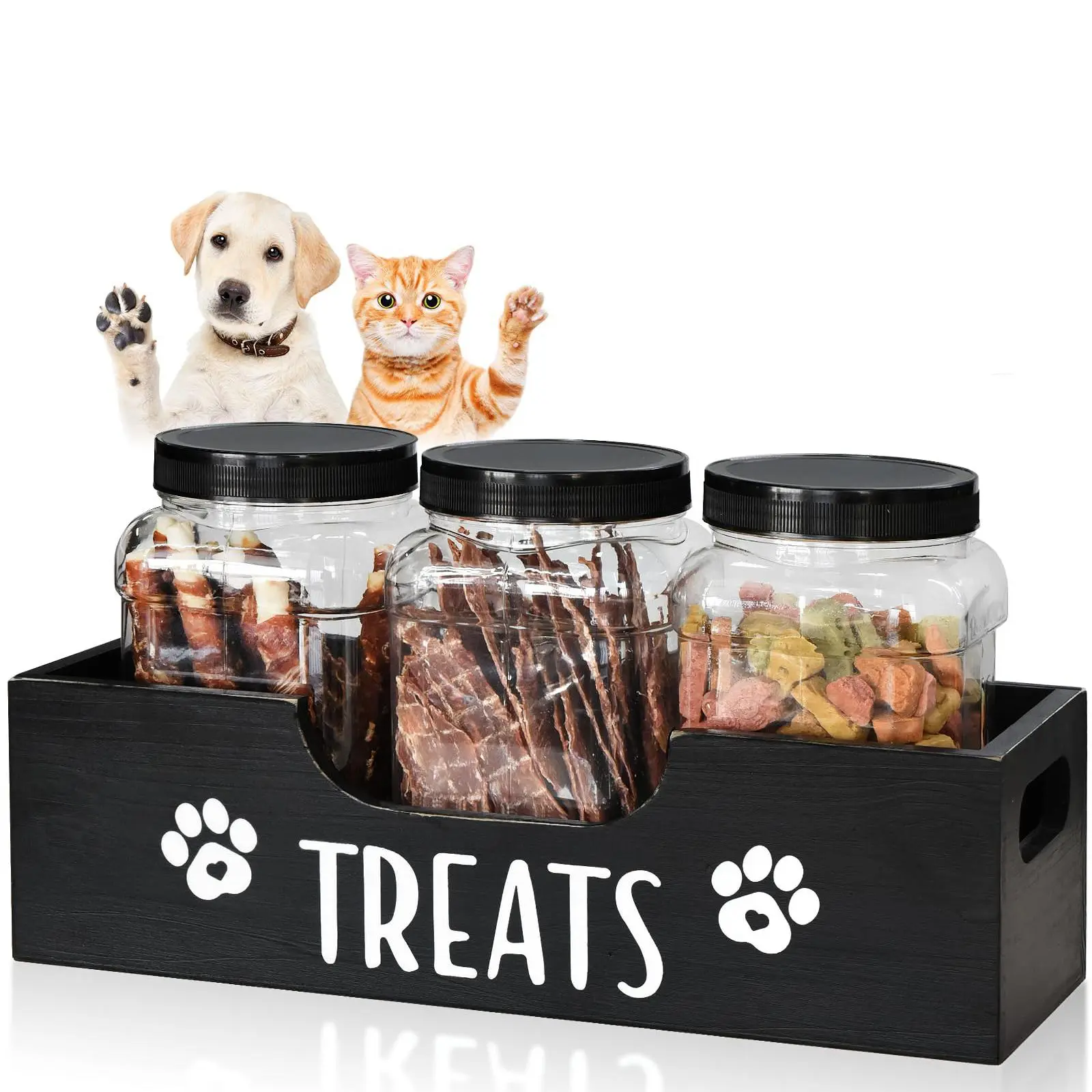 Wooden Pet Snack Box with 3 Clear Jars, 1 Set Farmhouse Style Pet Snack Storage Box, Durable Organizer for Dog & Cat Food Storage