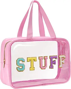 Clear Tote Bag Pink Preppy Large Makeup Bag Travel Toiletry Cosmetic Organizer Bag with Handle, Transparent Waterproof Beach Bag Snack Stadium Bags for Women Girls