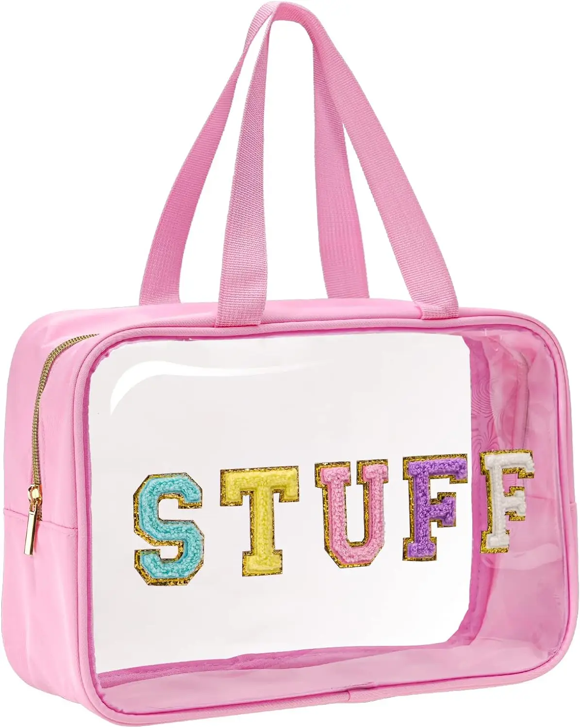 Clear Tote Bag Pink Preppy Large Makeup Bag Travel Toiletry Cosmetic Organizer Bag with Handle, Transparent Waterproof Beach Bag Snack Stadium Bags fo