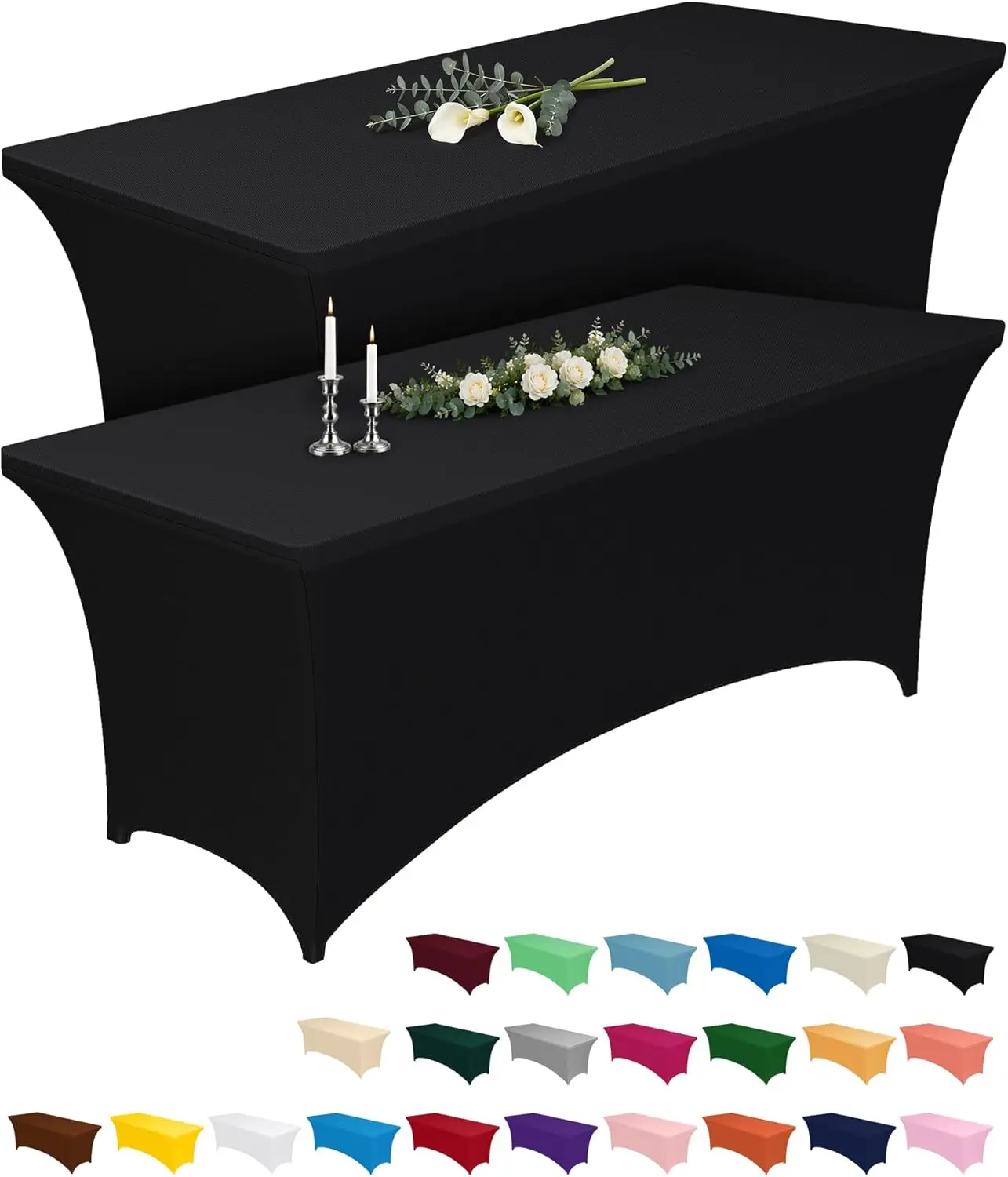 Spandex Tablecloth 6ft - 2 Pack, Fitted and Tight Cloth for Rectangle Table, Wrinkle-Free and Stretch Table Cover for Party, Wedding, Banquet and Birthday, Black