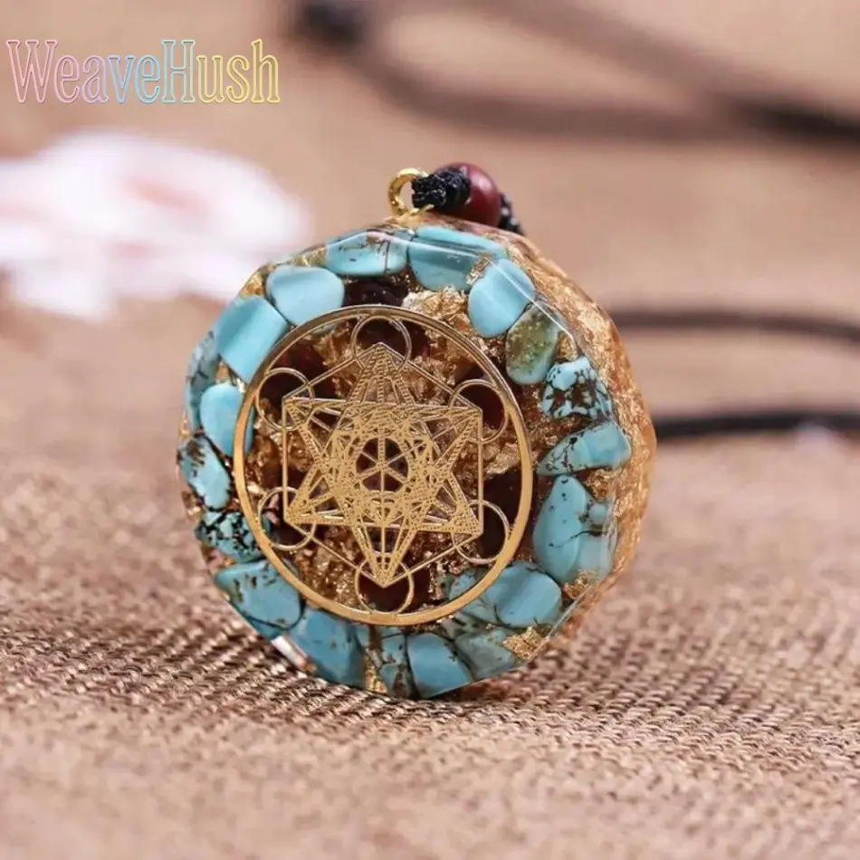 Orgonite Necklace with Geometric Pendant, Natural Turquoise and Stainless Steel, Unisex Chakra Balancing Amulet for Adults, Gemstone Necklace, Healing Stone Pendant, Pendants Jewelry