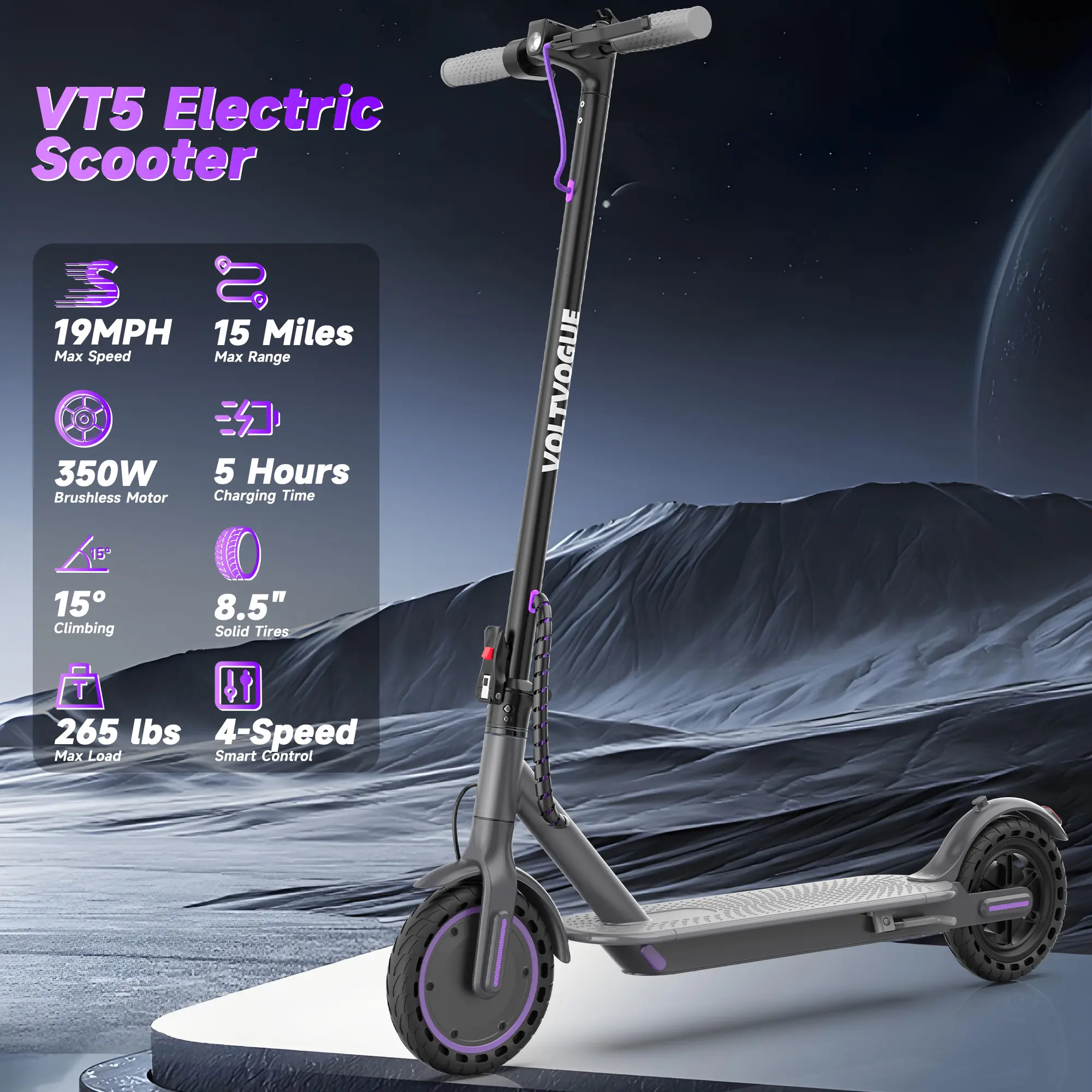 Electric Scooter – 19 MPH Max Speed,  8.5" Honeycomb Solid Tires, 350W Motor, 15 /17/21Miles Range, Foldable Design, Dual Braking System & App Control【LP60XB-VT5】