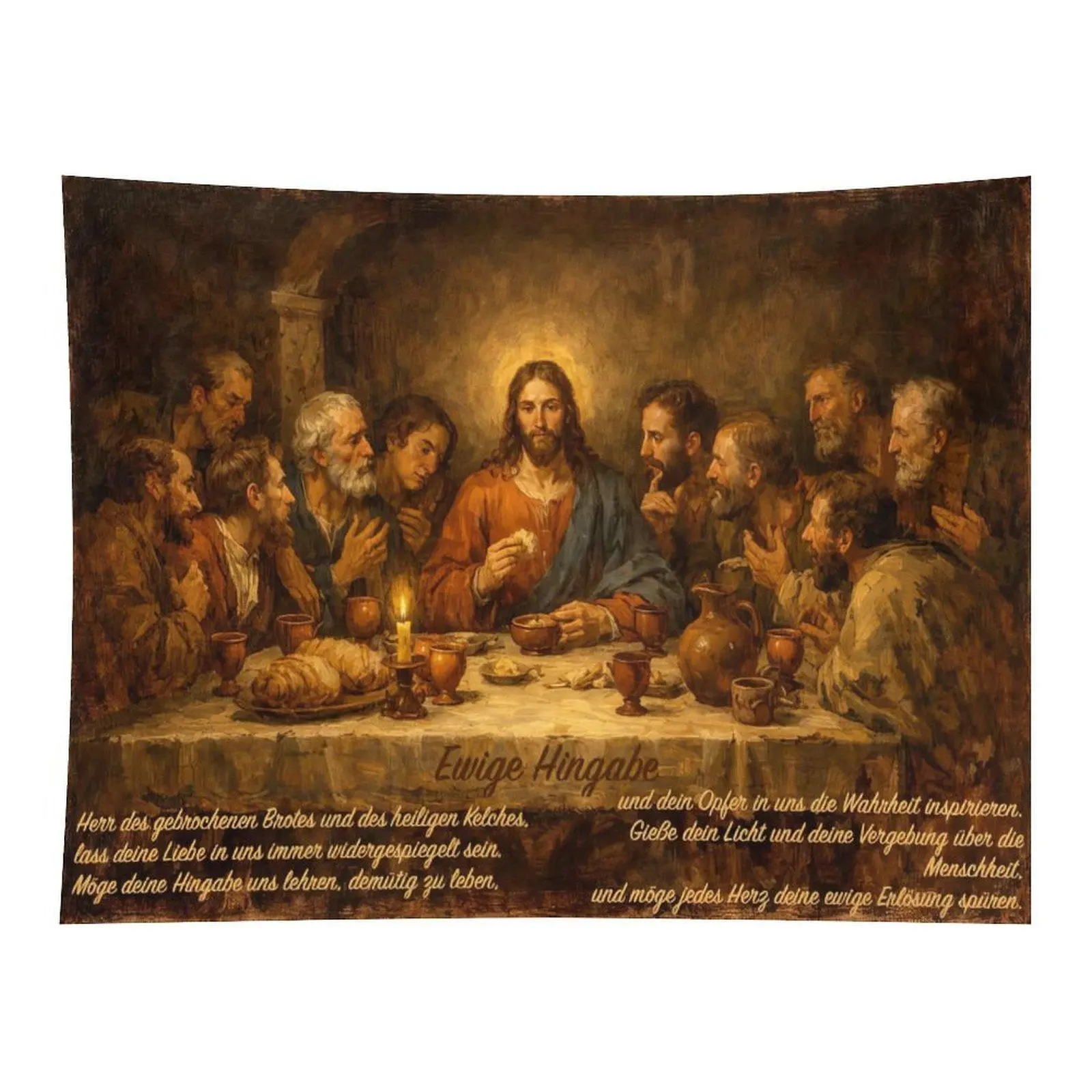 The Last Supper Vintage Oil Painting German Bible Verse Christian Wall Tapestry Wall Hanging, Religious Jesus Faith Antique Scripture Decor for Church Prayer Room Ornament
