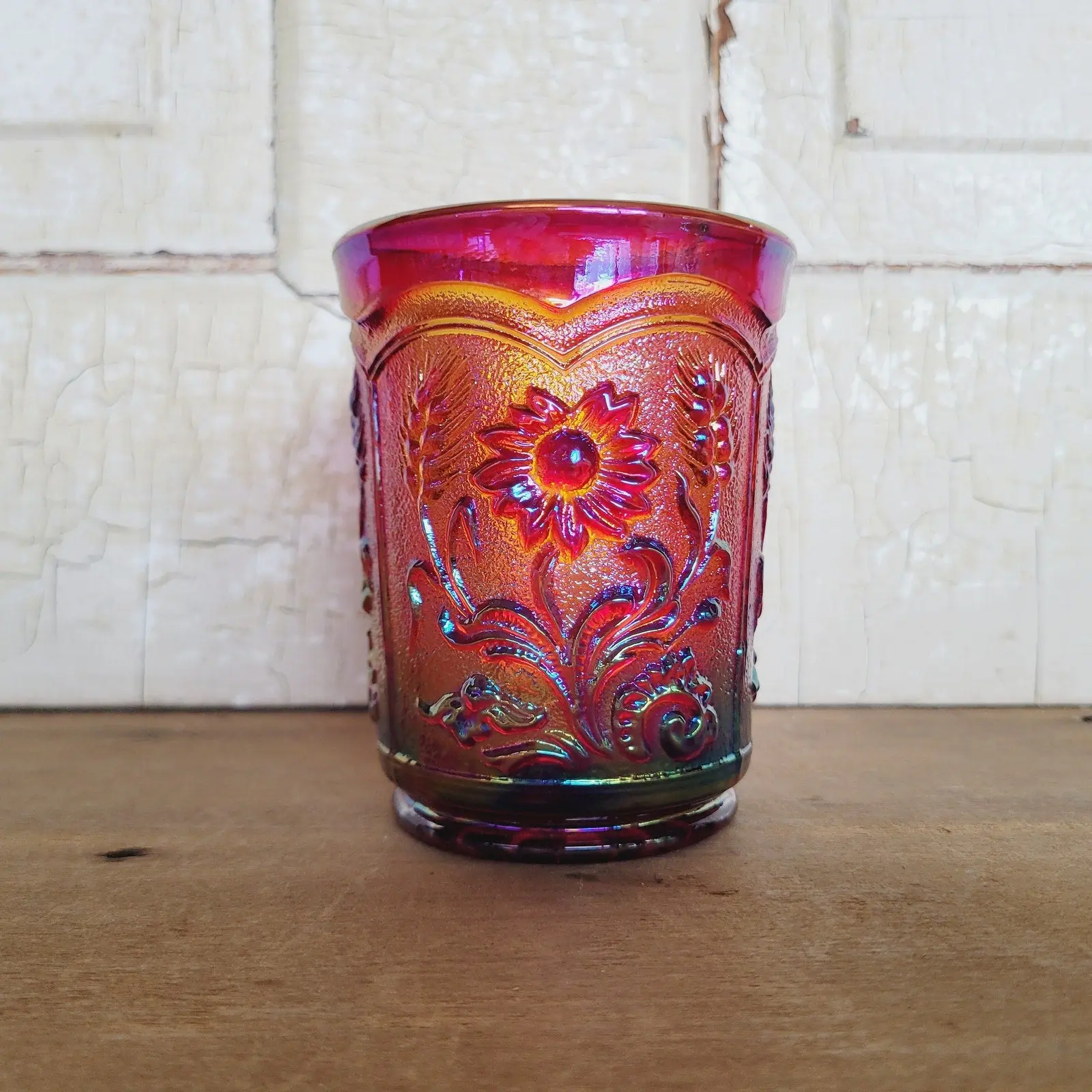Imperial Glass Fieldflower Carnival Glass Tumbler Sunset Ruby Red Vintage