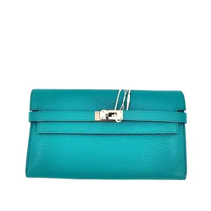 Pre-owned HERMÈS leather Mini Bags Bleu Azteque Chevre Mysore Palladium Plated Kelly Wallet NO1 J00163