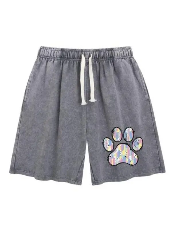 Women's Fitted Puppy Paw Graphic Shorts in a Soft Cotton-Poly Blend, Trendy Casual Acid Wash Style, H Type