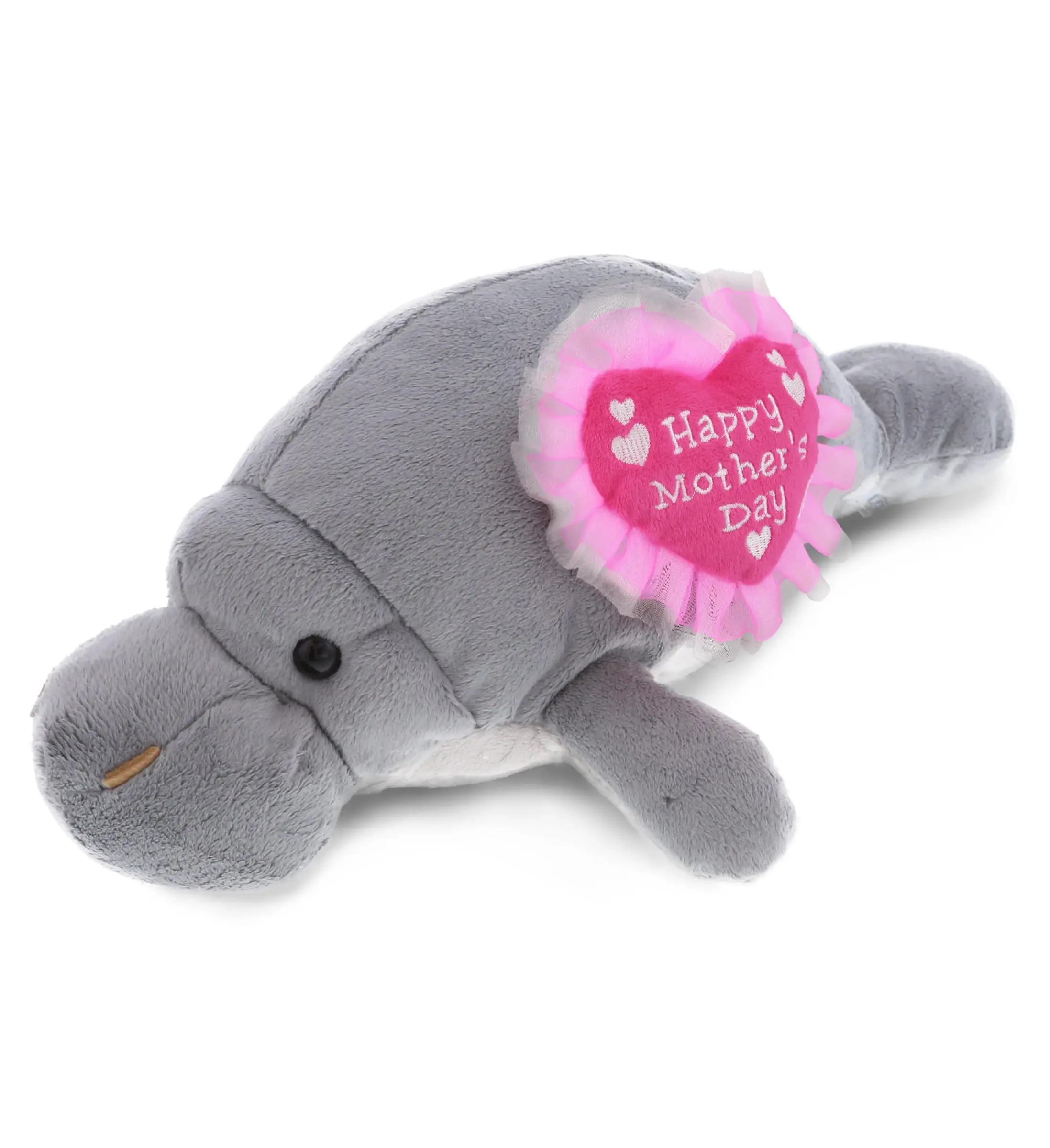 DOLLIBU 15in Grey Embroidered Heart Sea Life Manatee Stuffed Toy - Unisex Soft Plush Doll, Mother's Day Gift for Wife with Happy Mother's Day Message, Surface Clean Only, Cold Water Washable, Embroidery