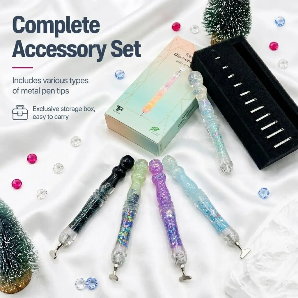 5D Diamond Art Tools: Sparkly Quicksand Pen Set with Multi-Placer Metal Tips