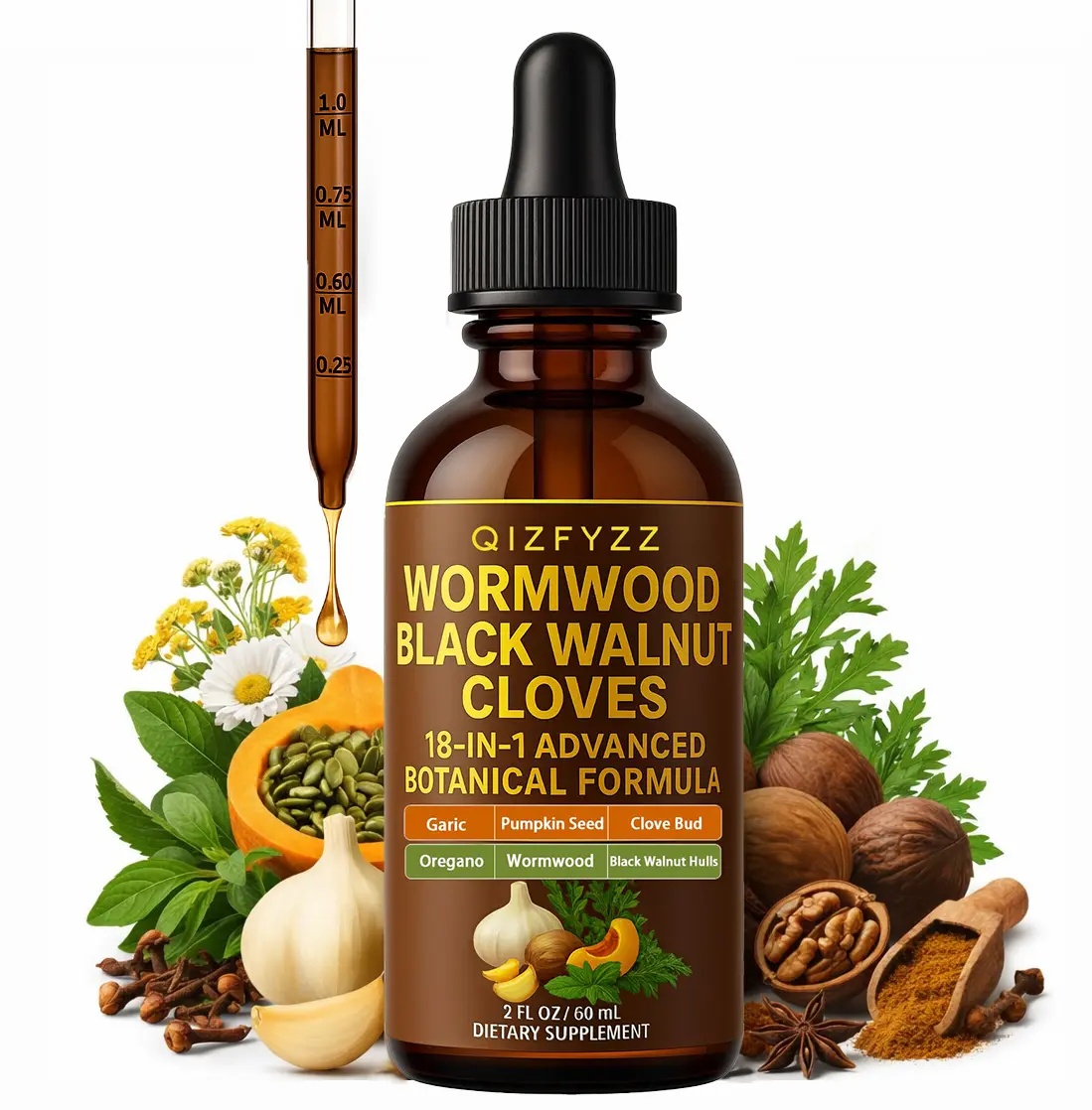 Qizfyzz 18-in-1 Botanical Natural Black Walnut & Wormwood Detox Drops - 6600 mg per Serving, Intestinal Cleansing & Digestive Health Supplement with Clove, Garlic, Turmeric, Pumpkin Seed, Oregano, Berberine,summerwins
