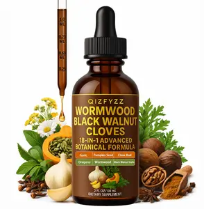 Qizfyzz 18-in-1 Black Walnut and Wormwood Detox Drops, each serving contains 6600 mg, helps with intestinal cleansing and digestive health. Ingredients include clove, garlic, turmeric, pumpkin seed, oregano, and berberine.