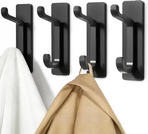 Heavy Duty Adhesive Wall Hooks 4 Pack – Strong 13LB Stick-On Coat & Towel Hanger, No Drill Door Hooks Organizer (Black)