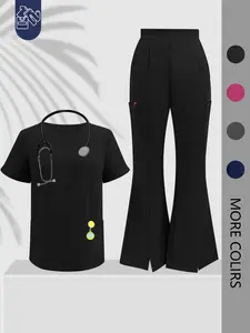 Cimmuovere Women's Solid Color Flare Leg Pants & Top Two-Piece Set, Casual Comfy Breathable Workwear & Uniforms for Women, Women's Uniforms for Summer, Business Attire Clothes