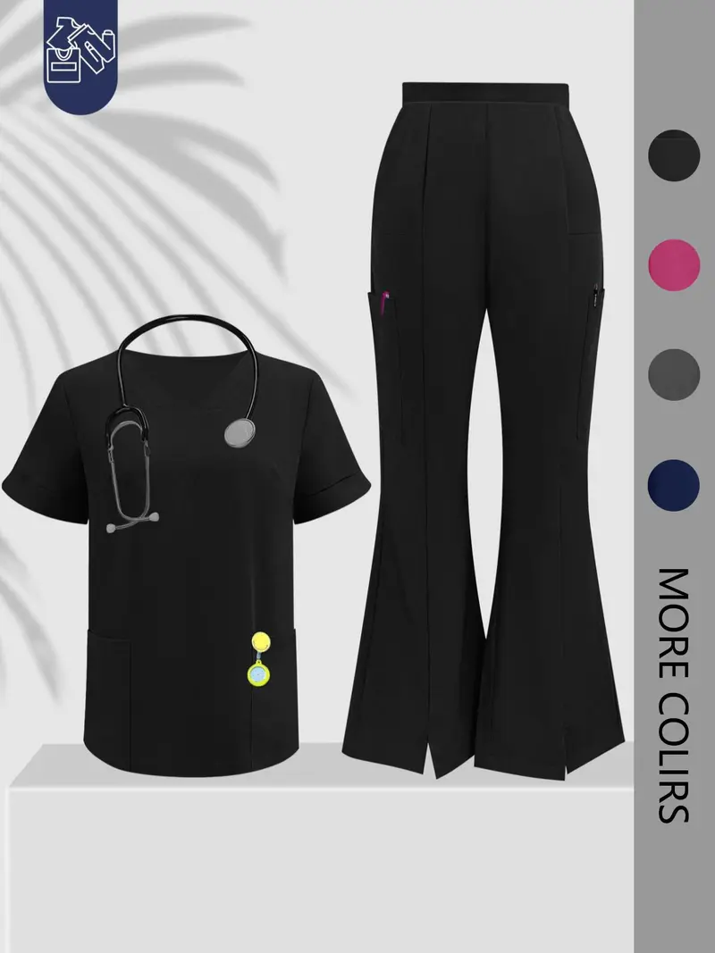 Cimmuovere Women's Solid Color Flare Leg Pants & Top Two-Piece Set, Casual Comfy Breathable Workwear & Uniforms for Women, Women's Uniforms for Summer, Business Attire Clothes