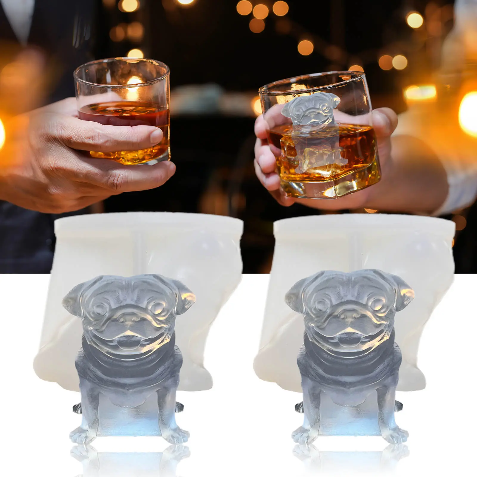 3D Pug Dog Ice Cube Silicone Molds Tray for Whiskey, Cocktail, Bar; Fun Animal Shape Large Dog Epoxy Resign Mold; Pug Gifts for Women Kids Dog Lover, 2 Pack