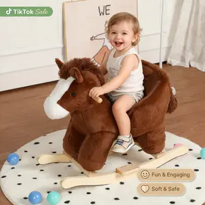 CPC Certified Plush Rocking Horse Toy for Toddlers  Ride-On Horse with Horse Sounds, Safety Belt and Hand Puppets, Soft Plush Fabric, Brown