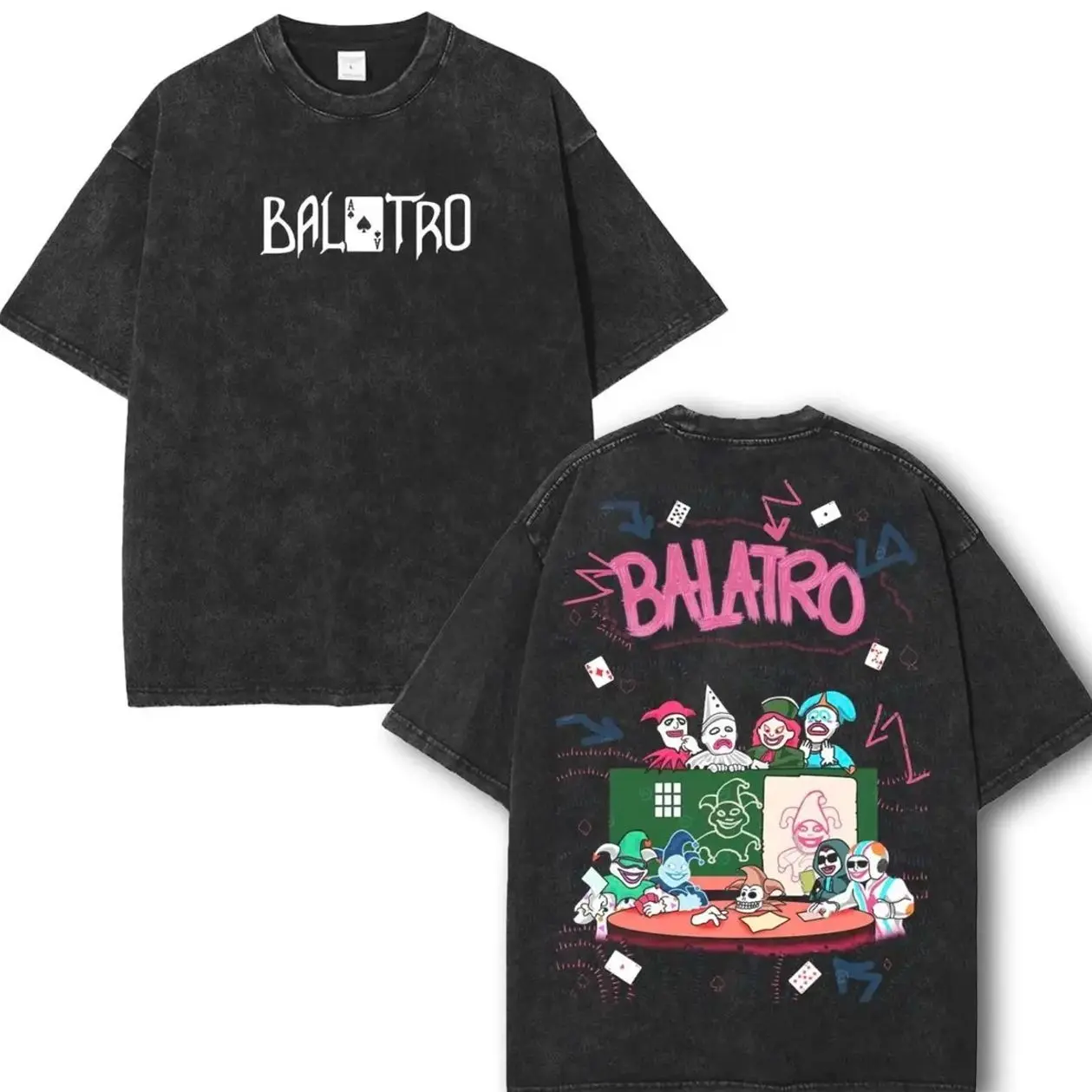 Balatro Joker Double Sided T-Shirt, Vintage Washed Oversize Unisex Tee, Indie Card Game Inspired Streetwear tee unisex heavyweight cotton t-shirt washed vintage t-shirt Casual Graphic Menswear Top unisex streetwear merch Hoodie Print 6OK