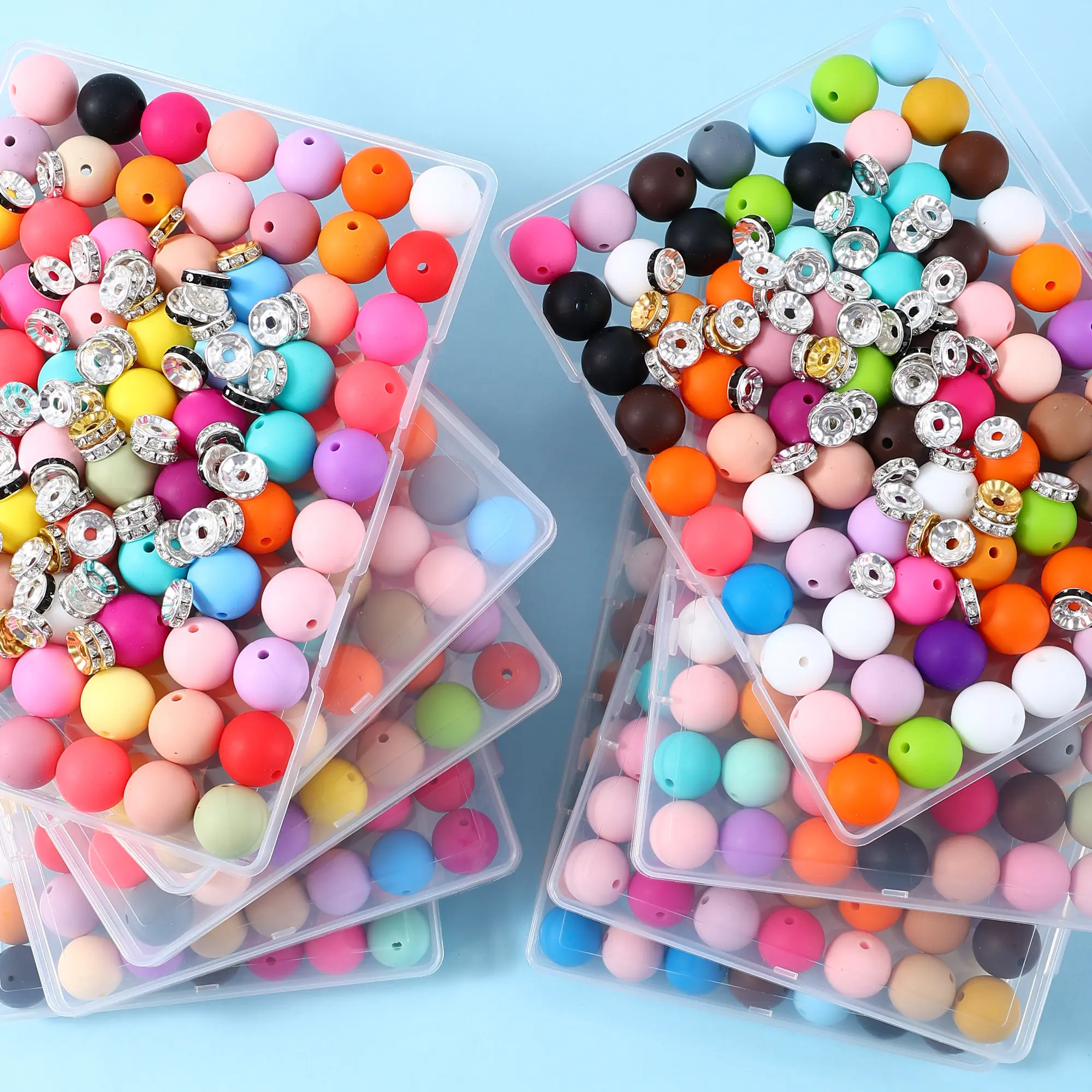 210-Piece 15mm Round Silicone Beads Storage Set - Beads for Bracelets, Handmade Beading Material, Durable No-Battery Kit with Rhinestone Circular Dividers & Storage Box, Easy-to-Clean for DIY Jewelry Making & Keychains Beads And Accessories