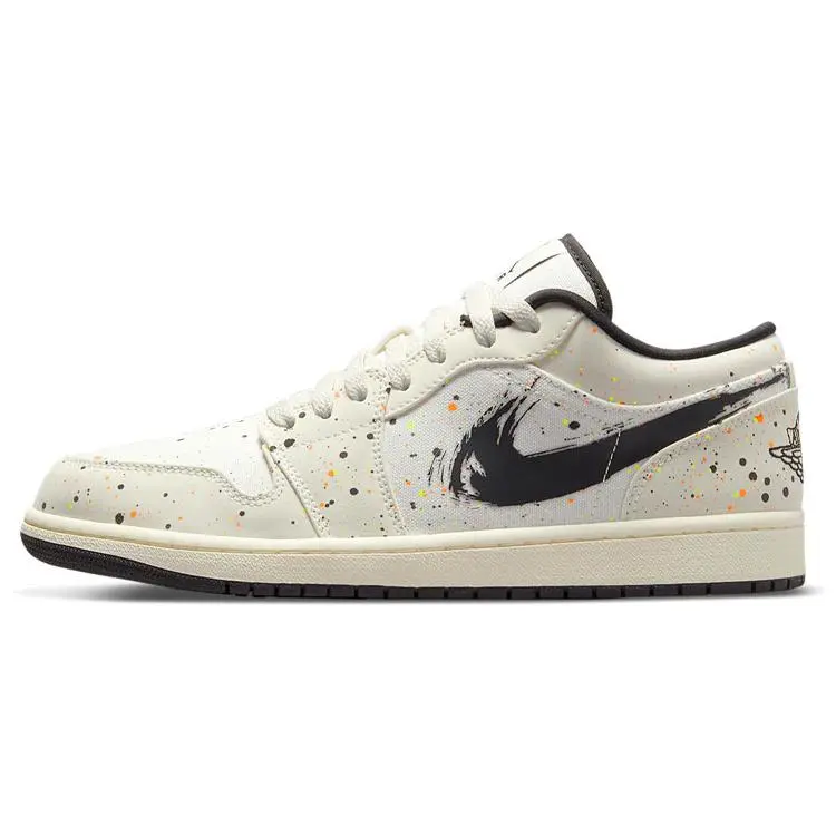 Air Jordan 1 Low Sports Shoe - Brushstroke Swoosh, Paint Splatter, Athletic Shoes
