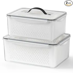 Large Produce Saver with Colander and Handle, 2PACK Vegetable Storage Keeper Airtight Leakproof Keep Fresh Longer Lettuce Containers BPA-FREE Big Size Veggies Banana Fruit Preserver Box Bin Strainer Basket Kitchen Utensils Sturdy Lid
