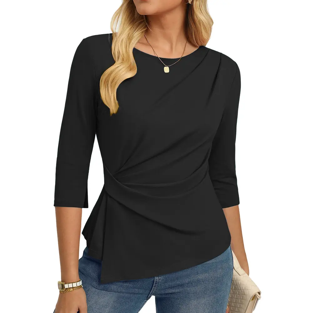 GRACE KARIN Women's 2026 Business Casual Tops, Summer Peplum Blouses with 3/4 Slit Cuffs, Viscose Blend Boat Neck Dressy Shirts with Side Twist & Ruched Front for Work