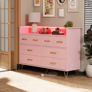 Pink 8-Drawer Wooden Modern Storage Cabinet Dresser with LED Light, Charging Station, Open Shelf for Bedroom, Living Room