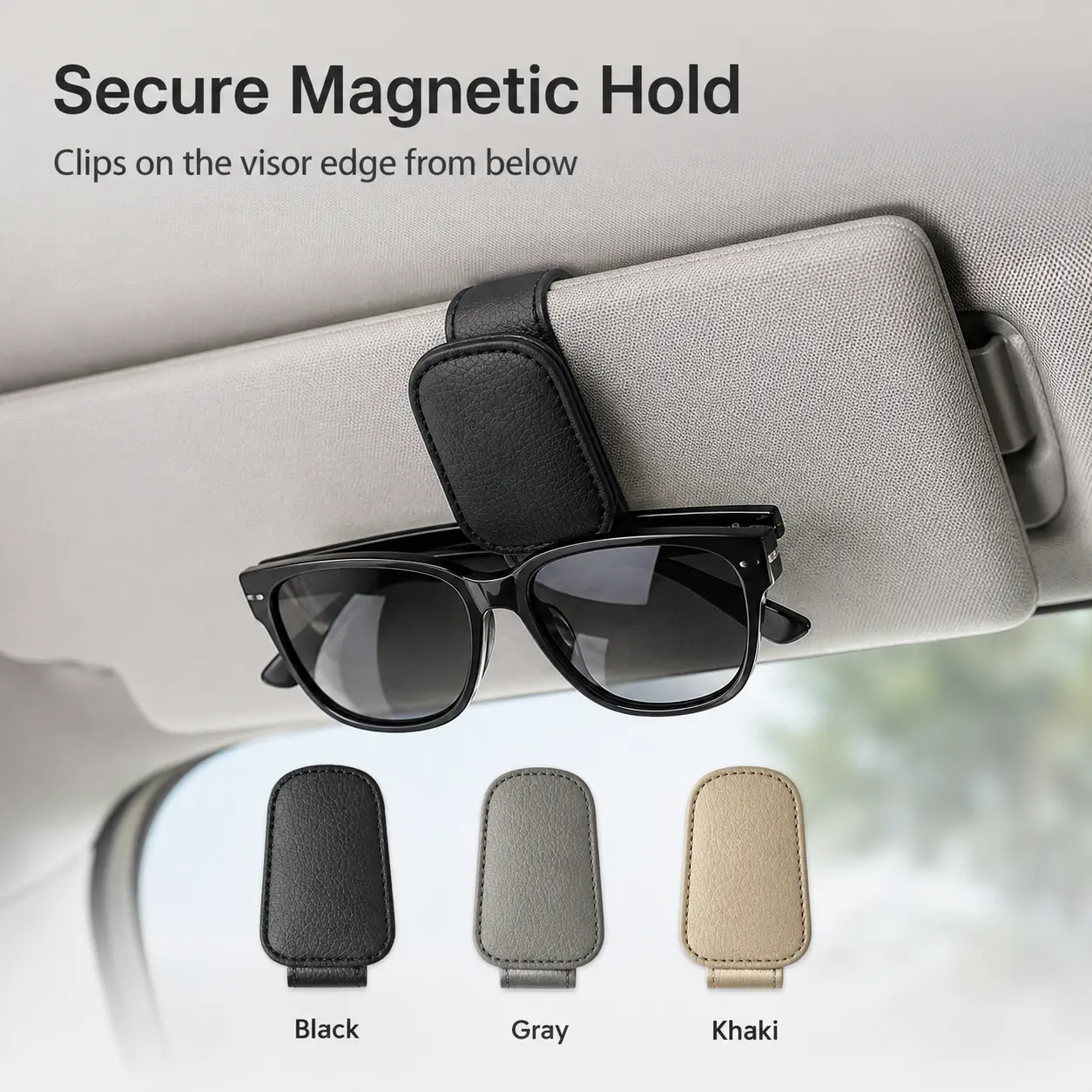 Slipuf Simple Universal Fit Compact Magnetic Car Glasses Holder - Leather Sun Visor Clip, Hands-Free Auto Eyewear Organizer for Car Cards & Tickets