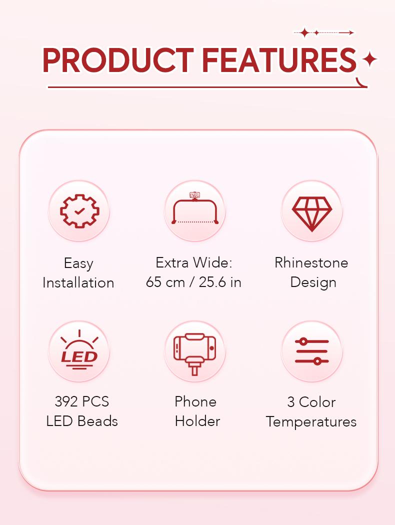 Professional Half Moon Nail Lamp, Foldable 25.6" U-Shaped LED Nail Desk Light With Phone Holder, Dimmable, Adjustable Color Temperature 3000K–6500K