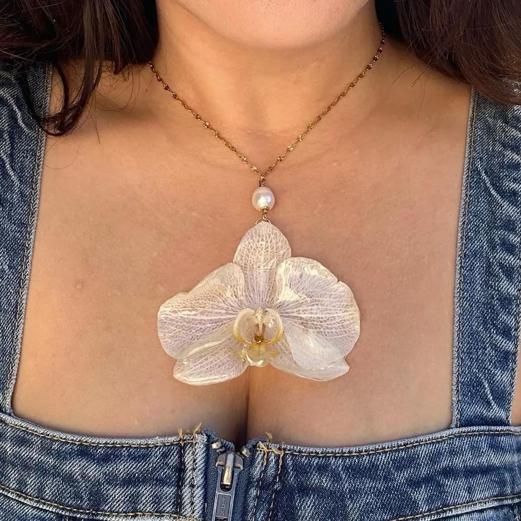 Real Handmade Orchid Flower Necklace with Genuine Pearl and 14k Gold Filled Chain - Unique and One-of-a-kind Jewelry