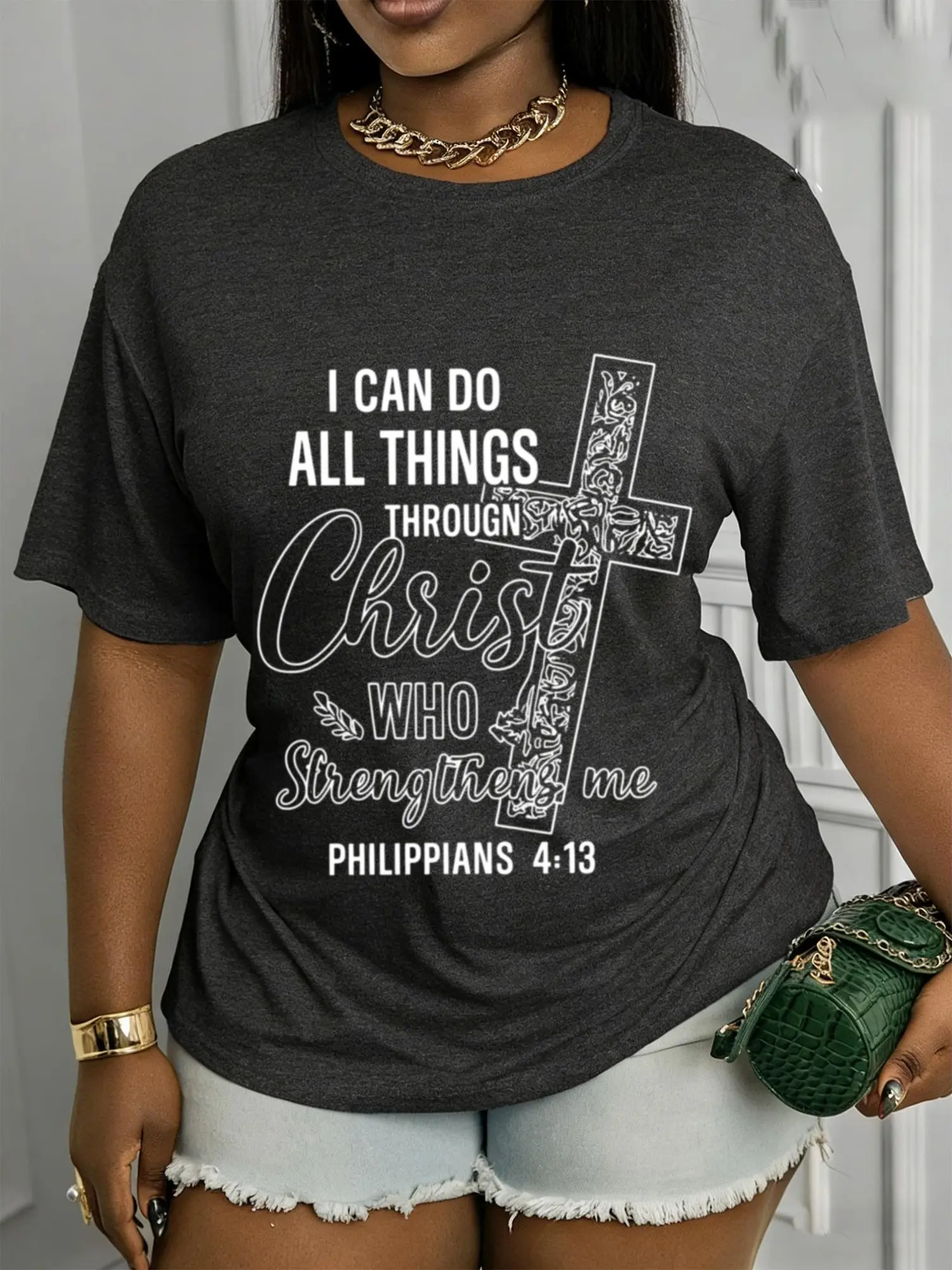 Bible Verse T-Shirt Philippians 4:13 Verse Print Short Sleeve Round Neck Loose Fit Apparel - Stretchy Casual Blouse Suitable for Spring Summer Fall Casual Attire Machine Washable Top