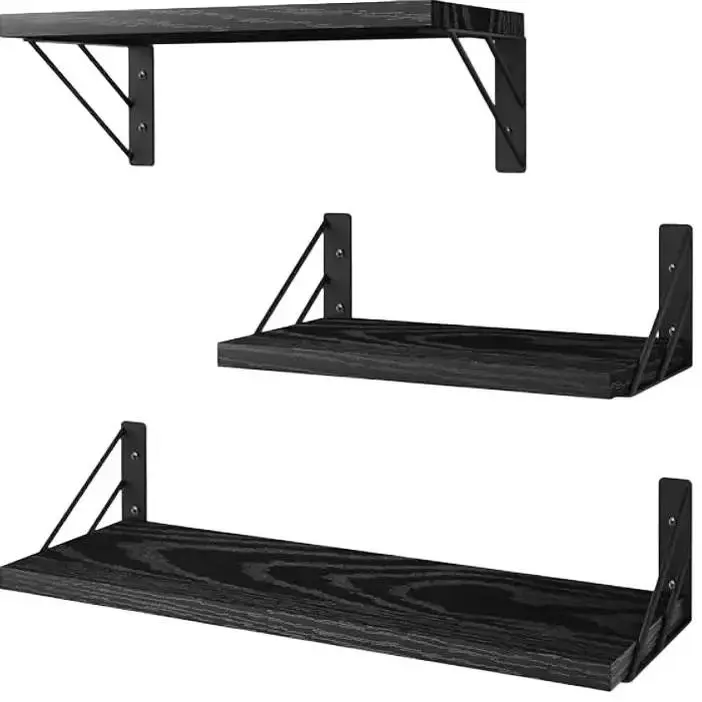 Bedroom Decor Wall Shelves - Rustic Wood, Wall-Mounted Floating Shelves for Stylish Wall Storage (Black,Set of 3) Metal Wooden