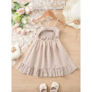 Girls' Summer Plaid Backless with Bow Lace Trim, Cute Sleeveless Sundress Kids, Stylish Casual Wear, Gingham Print Dress, Summer Clothes Dress
