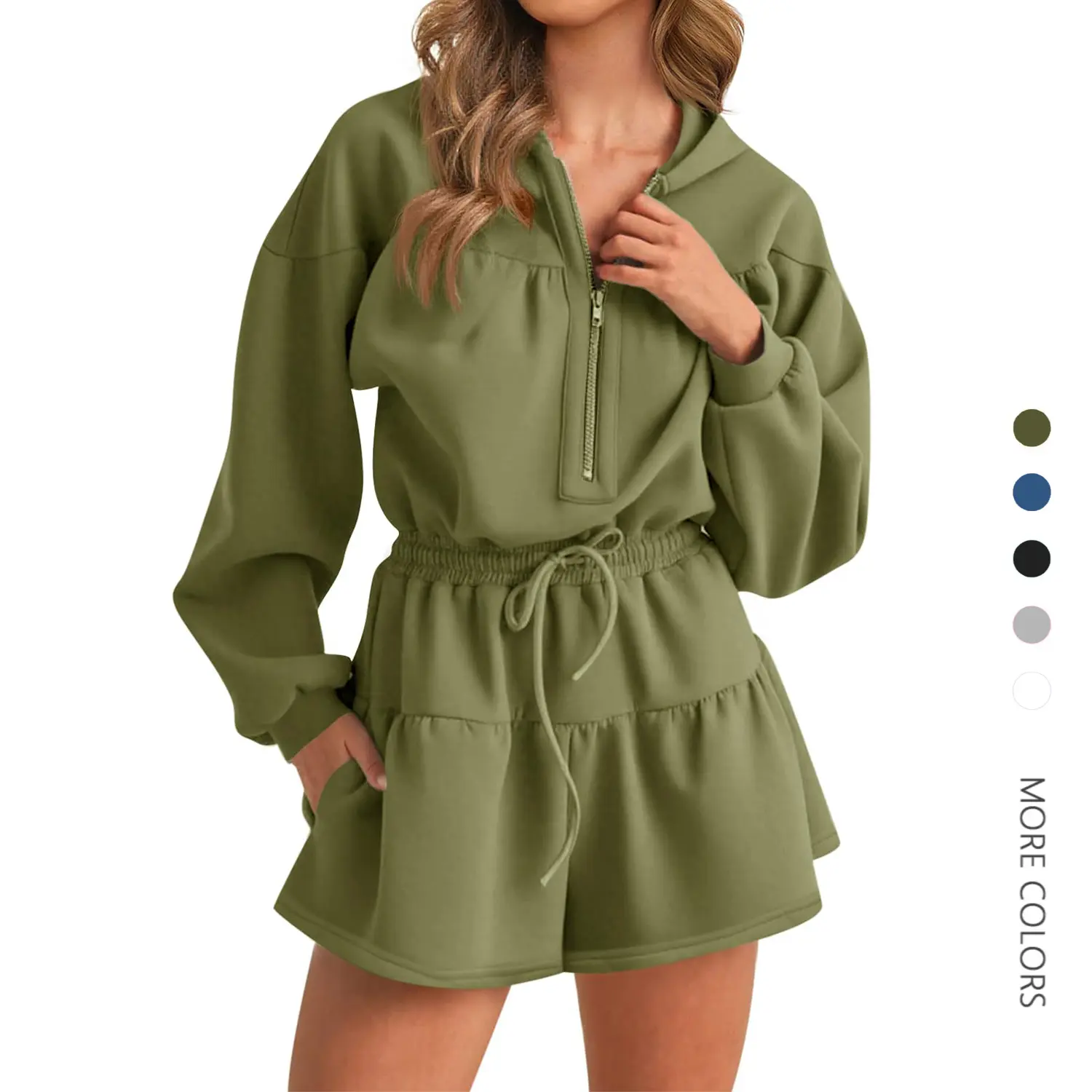 Danedvi Womens Rompers Casual One Piece Outfits Half Zip Long Sleeve Hoodies Casual Shorts Drawstring Waist Jumpsuits, Fashion, Zipper
