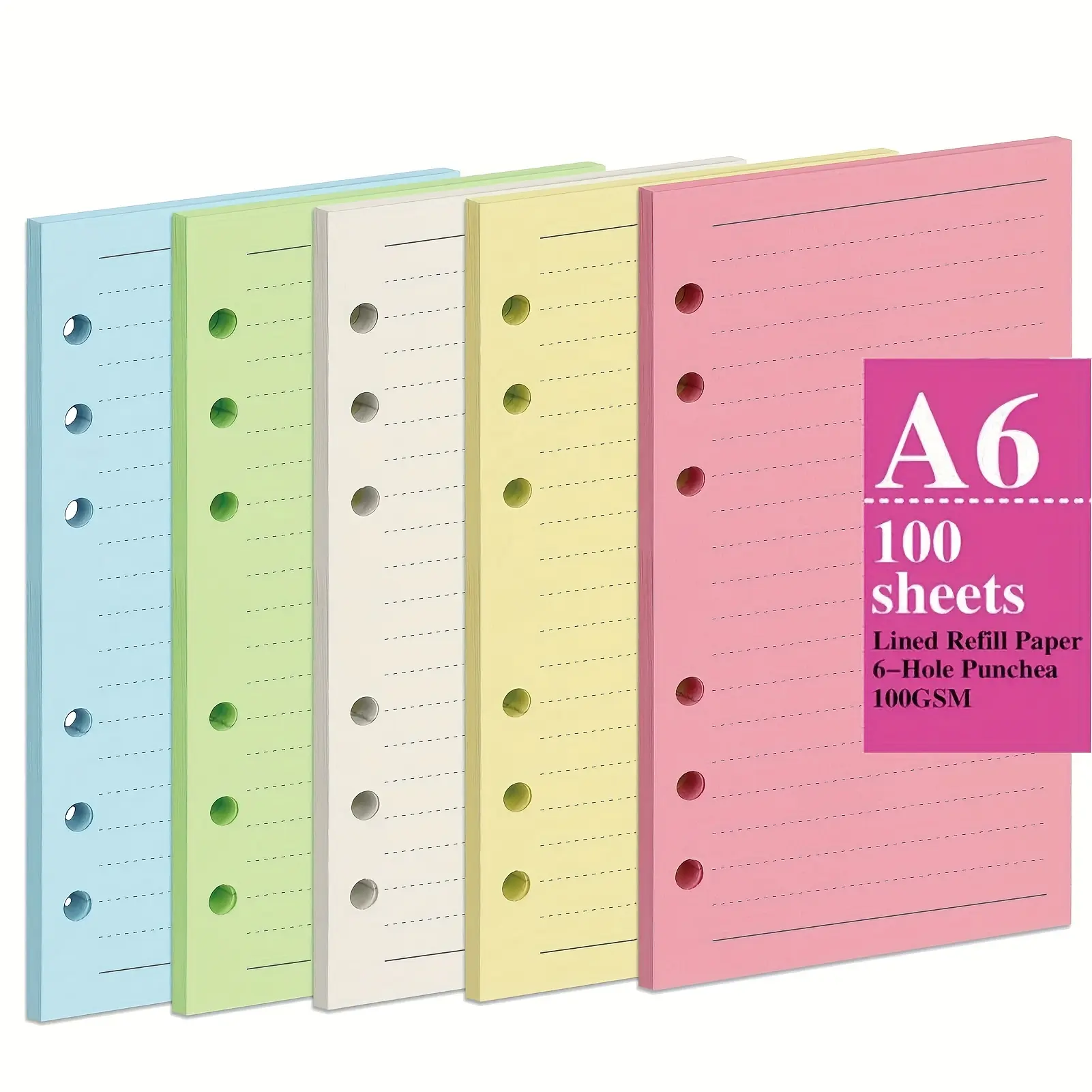 1 Pack Of 100 Sheets (200 Pages) A6/A5 Colorful Refill Paper, [5 Colors] Thick Refillable Paper 6 Hole Filler Inserts Loose Leaf Paper, For 6 Ring Binder Journal Notebook Multifunctional Stationery Classroom Supplies