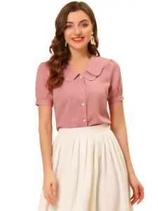 INSPIRE CHIC Vintage Polka Dots Pattern Peter Pan Collar Puff Short Sleeve Shirt Top