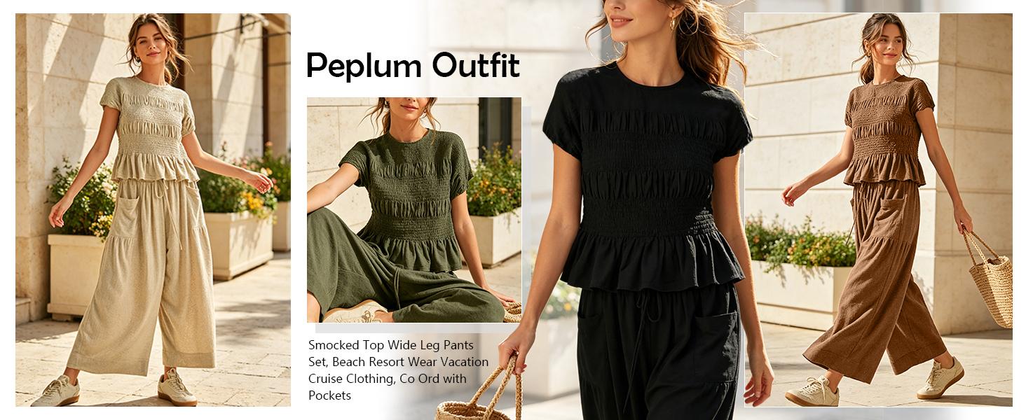SCUSTY Women's 2-Piece Smocked Top and Wide-Leg Pants Set High-Waisted Lounge Outfit with Pockets Casual Boho Summervibes Matching Set Minimalist Basic Kleinblue Crewneck Clothes Suits Fitted Trouser