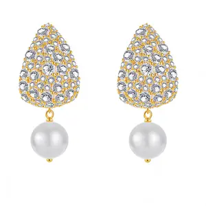 925 Sterling Silver Post Drop Earrings with Pearl, Hypoallergenic Elegant Teardrop Earrings, 14K Gold Plated, Diamond-Embedded Earrings for Women/Wedding/Mother's Gift