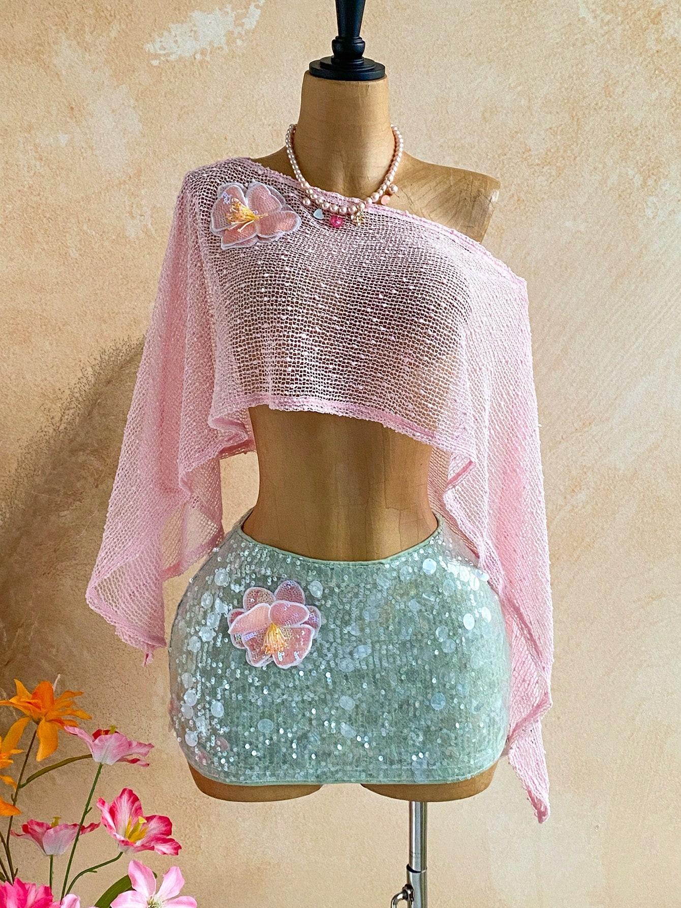 VYNCE Summer Beach Holiday Knit Top Light Pink 70s Party 3D Flower Knitted Crochet Off-Shoulder Hollow Music Festival Wear