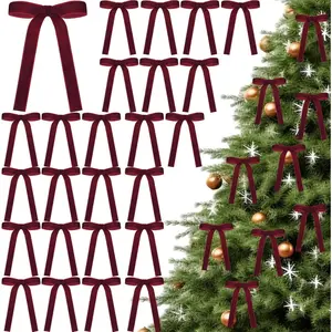 12pcs Elegant Burgundy Velvet Ribbon Bows - Large 13cm x 18cm Wide Luxury Christmas Tree Ornaments, Deep Red Bows for Garland, Wreath, Gift Wrapping, Party Decorations, Party Decoration Supplies