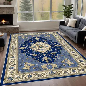 A Persian-style home carpet with blue base floral patterns, machine washable and colorfast, soft and durable, suitable for holidays and any space area, including hotels, offices, sofas, bedside, and corridors, etc.