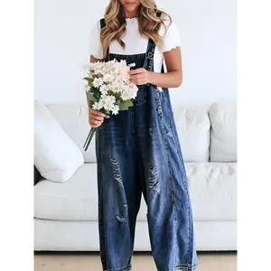 [Distressed Denim Overalls] Loose Fit Denim Overalls - Women's Casual Adjustable Strap Distressed Bib Jeans Jumpsuits With Pocket
