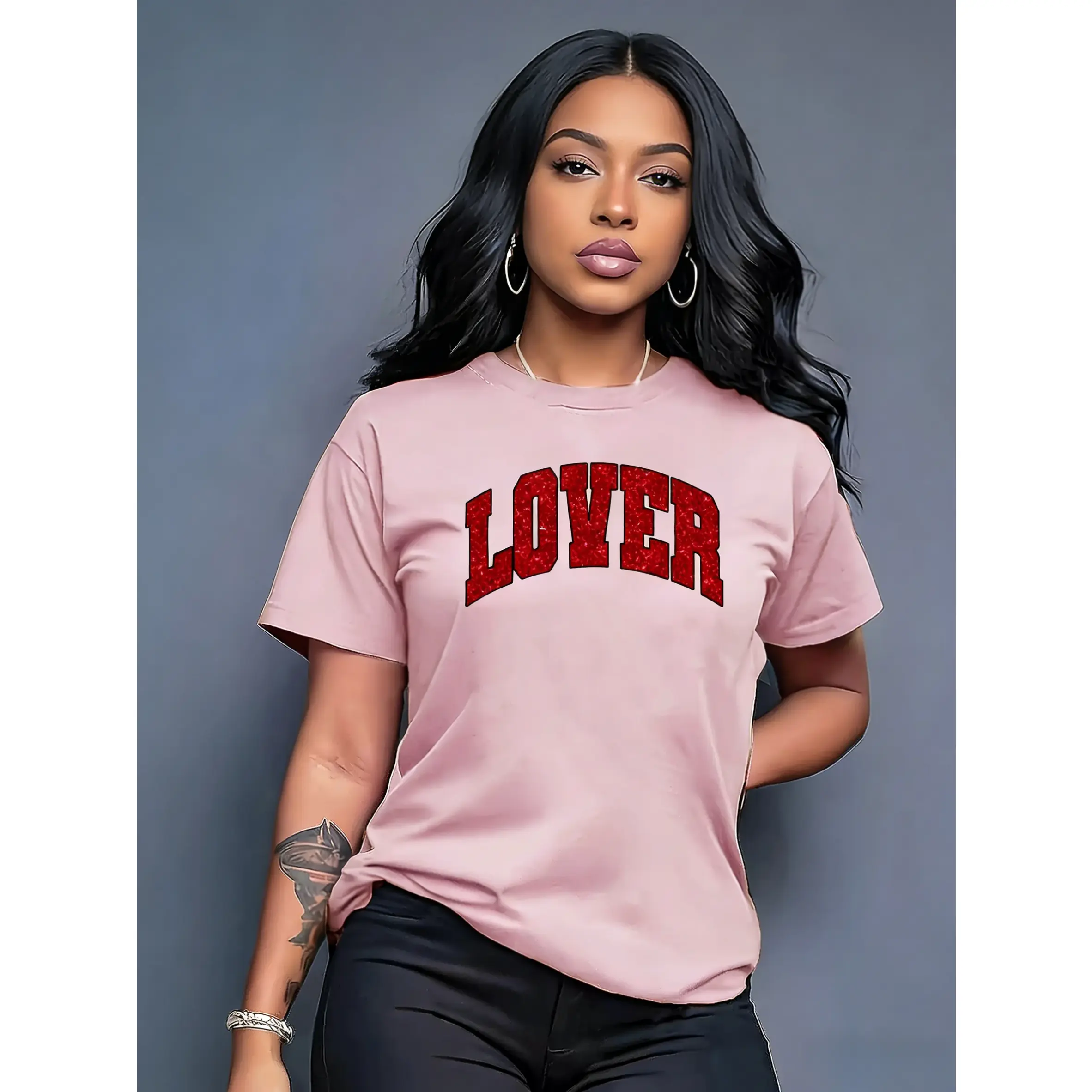 Women's 100% Cotton Oversize Short-Sleeve Printed Top - "LOVER" Faux Sequin Print, Round Neck, Asymmetric Fit, Smooth Breathable Fabric, Machine Washable, Soft, All Seasons, For Spring Casual Commuting, Do Not Bleach