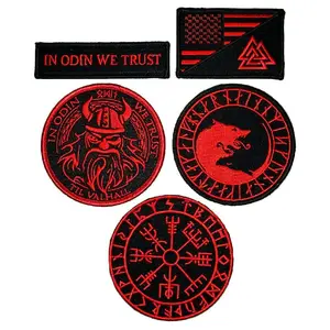 in Odin We Trust US Flag Valknut Úlfhédnar Wolf Viking Compass Vegvisir Patch [5PC Bundle-Hook Fastener -Red/Blk]