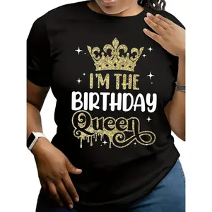 Women's "I'm The Birthday Queen" Crown Print T-Shirt - Birthday Outfit with Short Sleeve Round Neck Top, Casual Spring Summer Blouse for & Casual Attire - Machine Washable