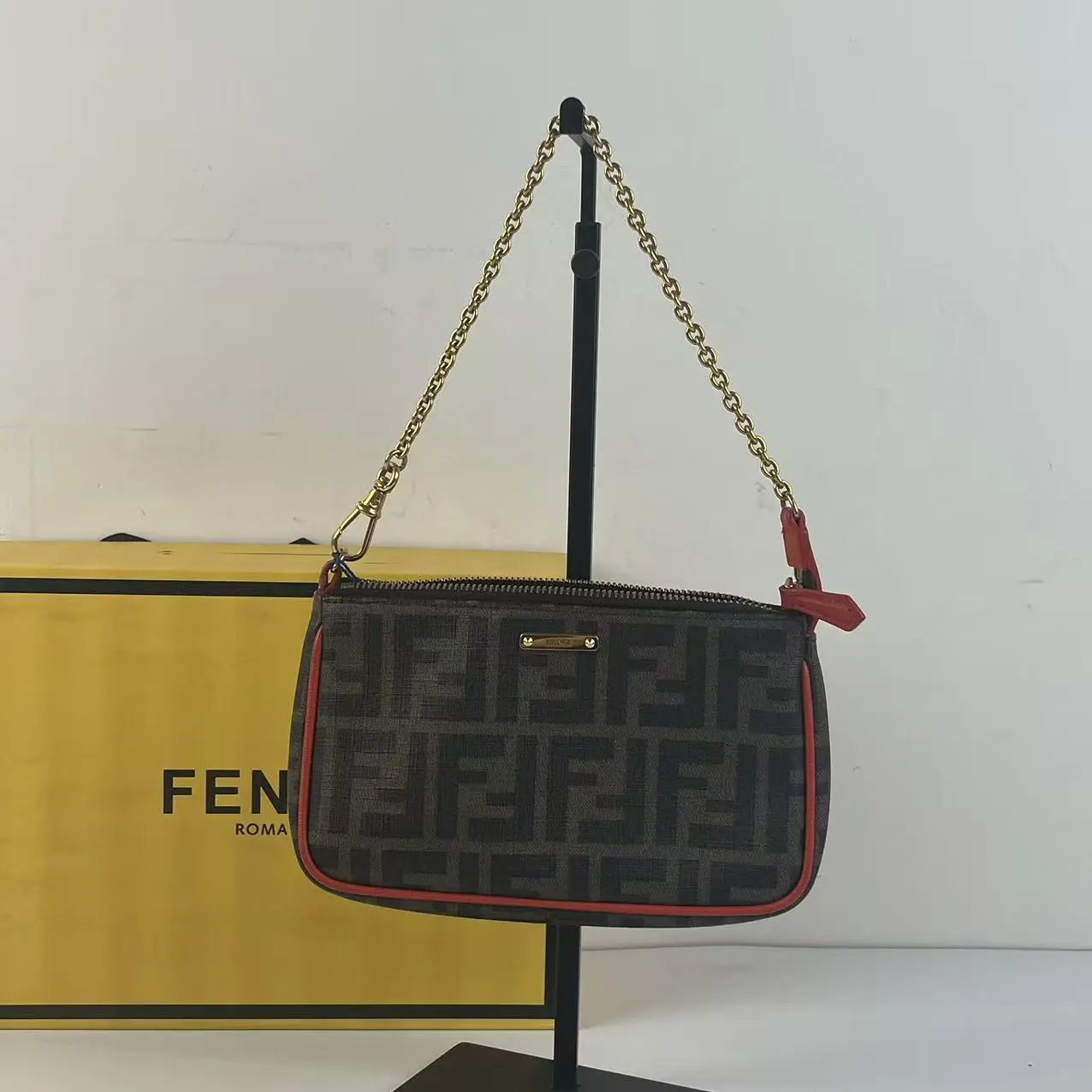 Pre-owned FENDI Vintage FF Red Trim Mini Pochette Crossbody Bag