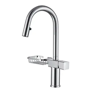 High Arc Pull-Down Kitchen Faucet with Storage Shelf, Single Handle Stainless Steel Kitchen Sink Faucet, Dual Spray Modes, 360° Swivel, Chrome/Brushed Gold Finish