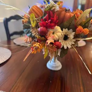 Fall Table or Mantle Centerpiece with Pumpkins Sunflowers and Autumn Leaves Decorative Arrangement
