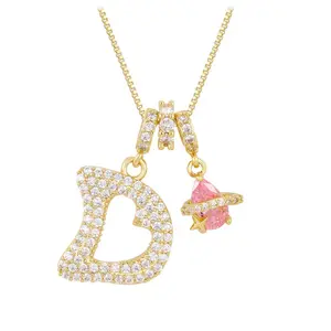 18K Gold Plated Initial Letter D Necklace with Zircon Pendant